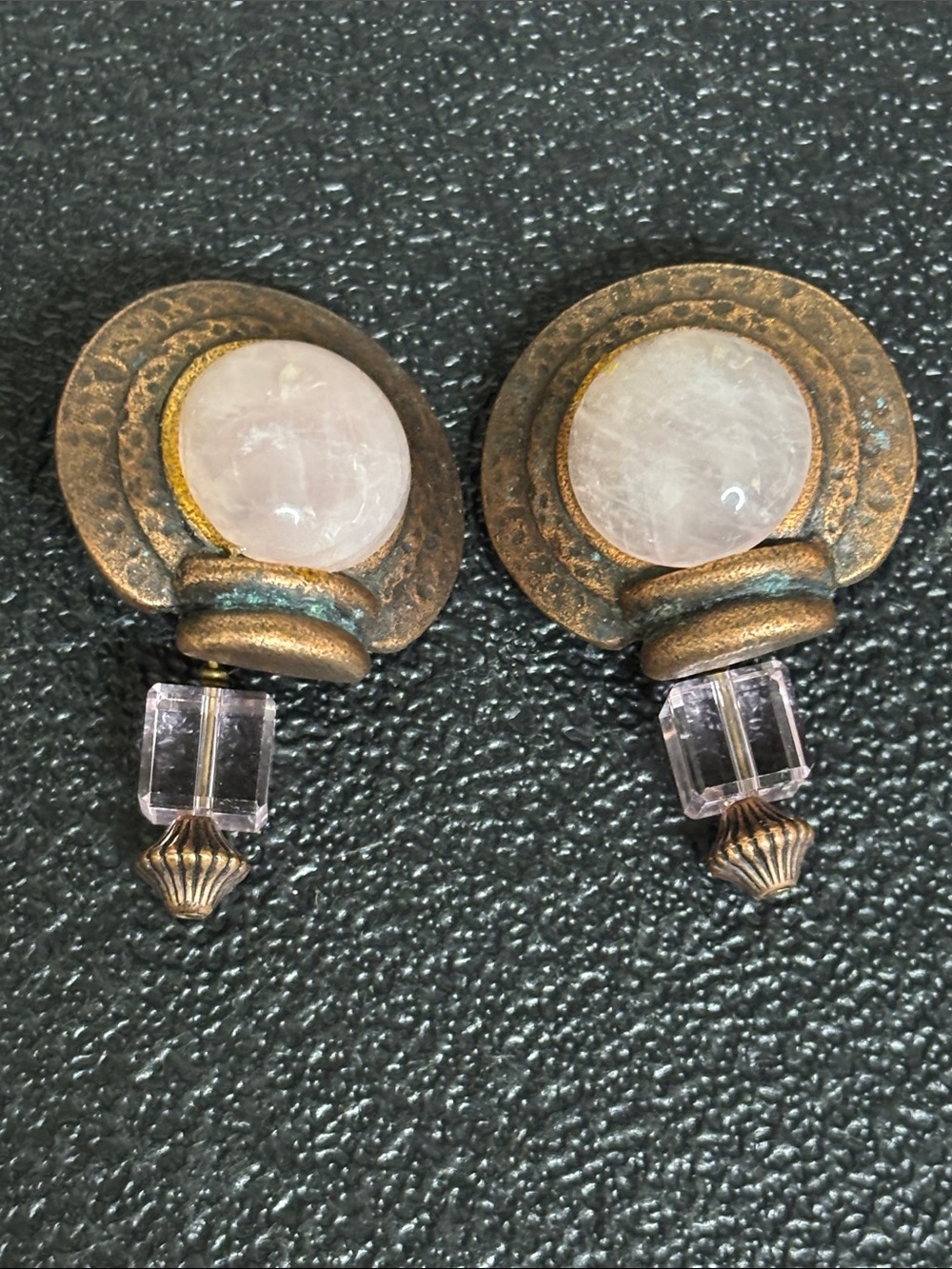 Vintage Rose Quartz and Brass Glass Drop Clip On Brutalist Earrings